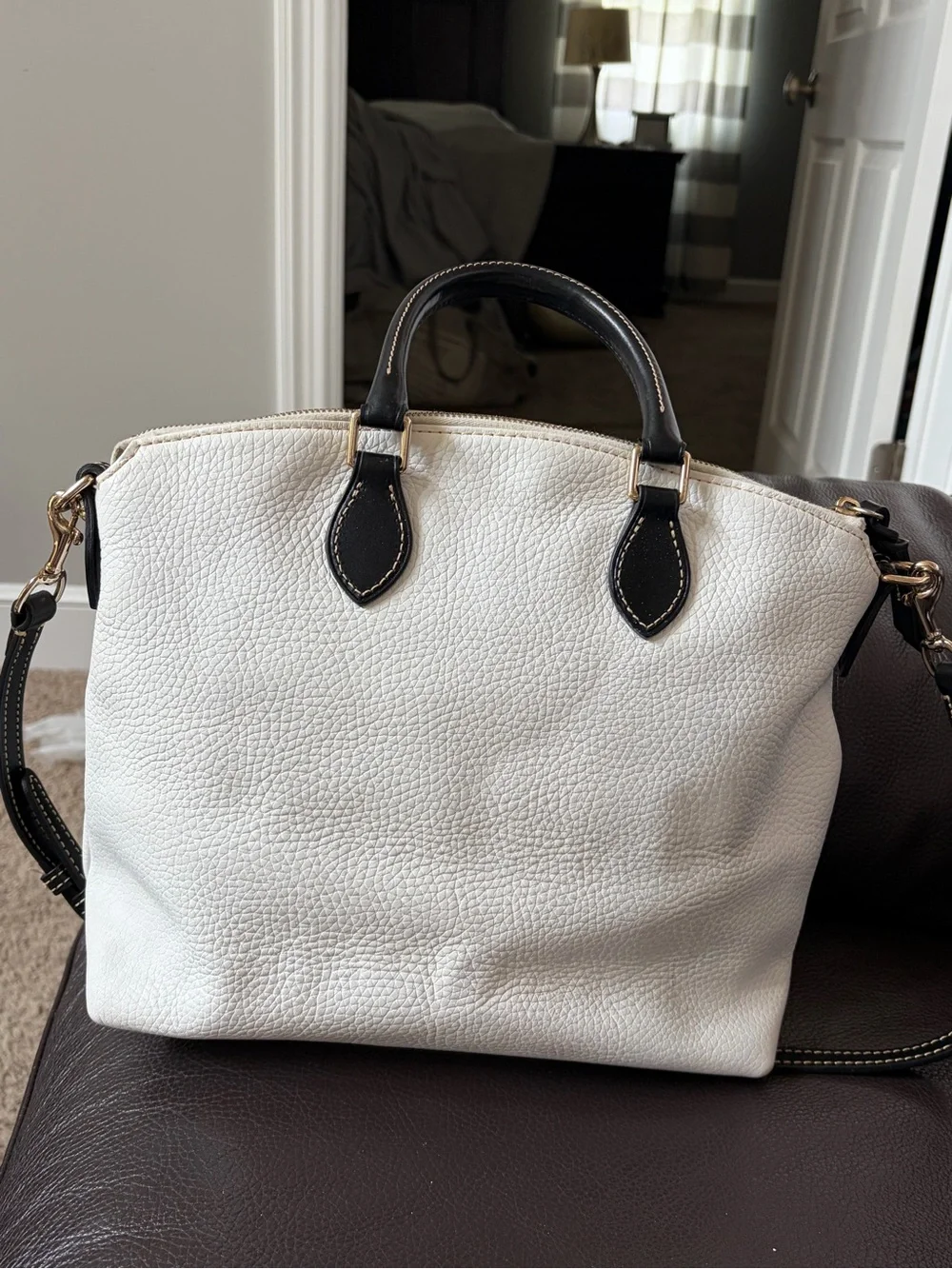 Dooney & Bourke Cream Leather Satchel with Black Trim